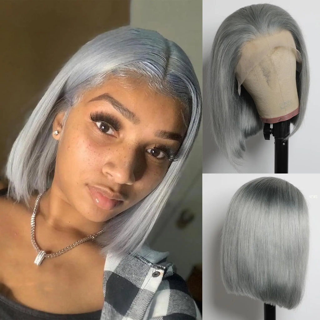 13x4 Gray Bob Lace Front Wig — 100% Virgin Brazilian Human Hair | 180% Density